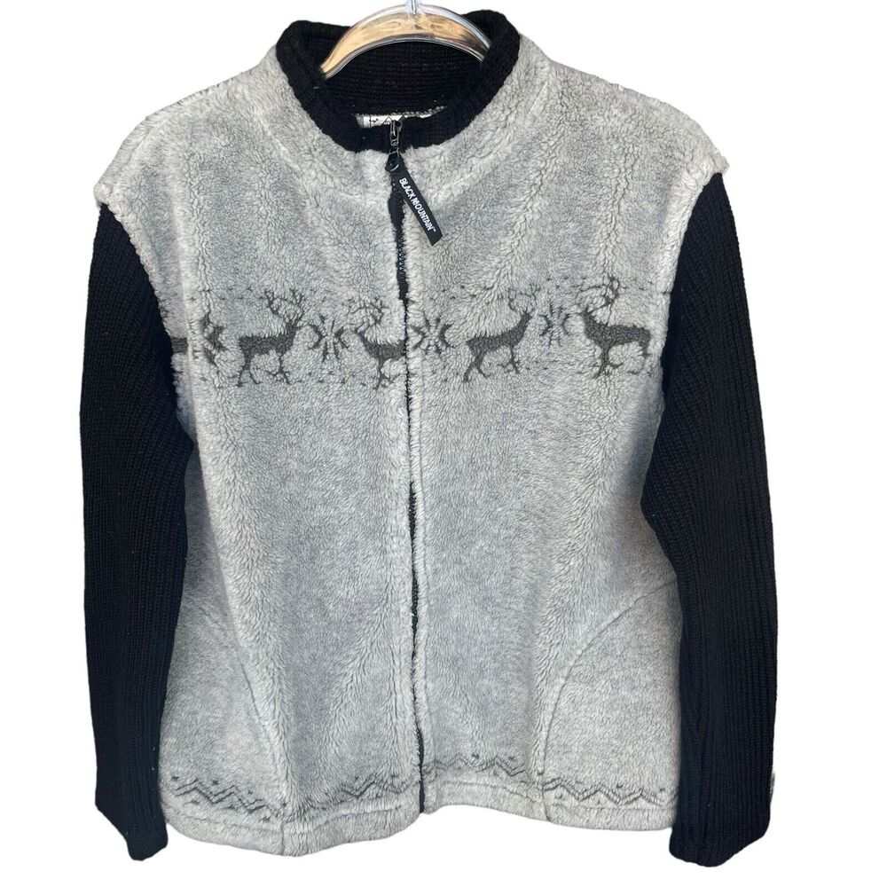 Black‎ Mountain Jacket Womens Large Full Zip Gray Fleece Deer Snowflake Jacket